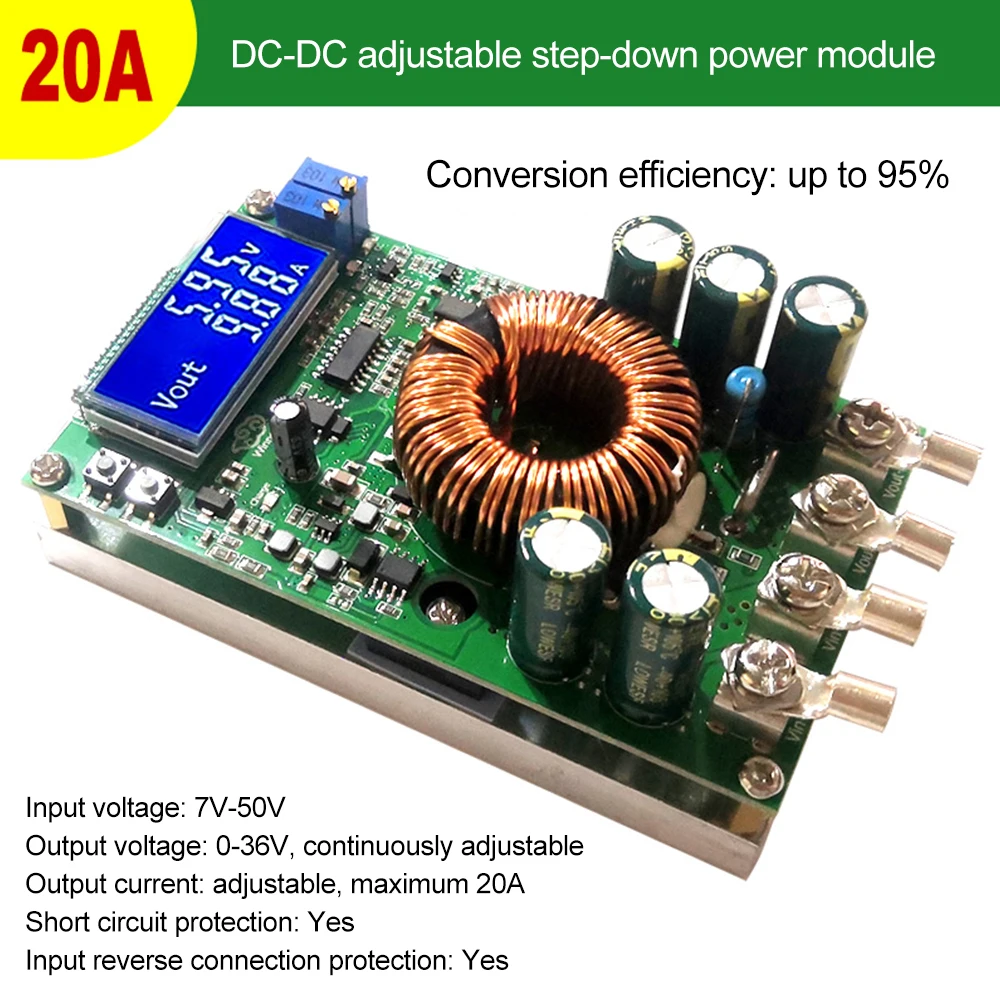 20A High-powe Adjustable Step-down Power Supply Module DC-DC 7V-50V To 0-36V Regulated Power Supply Voltage Current Dual Display
20A High-powe Adjustable Step-down Power Supply Module DC-DC 7V-50V To 0-36V Regulated Power Supply Voltage Current Dual Display