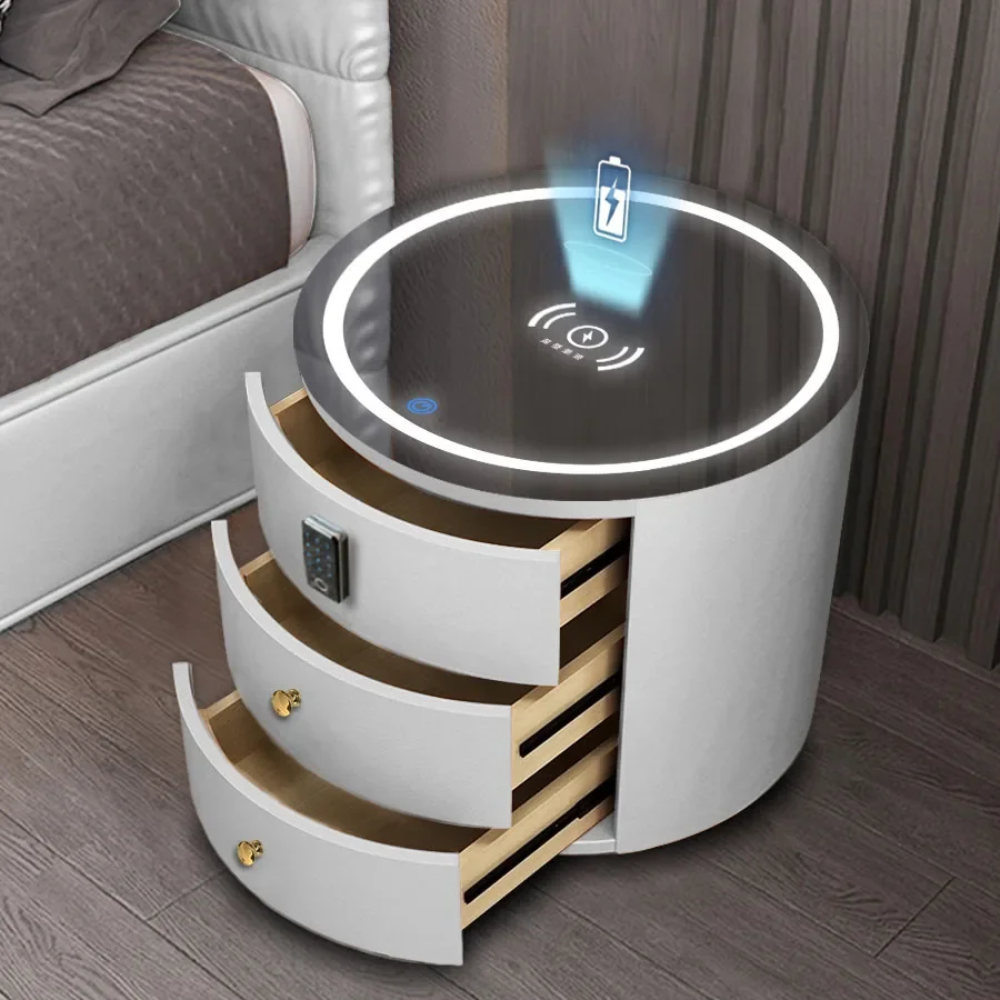 

Round Bedside Table Intelligent Audio Password Fingerprint Lock Wireless Charging Leather Wood Cabinet Nightstands for Bedroom