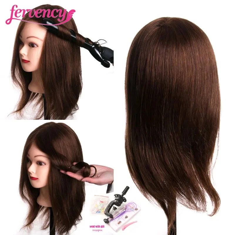 

professional Mannequin human hair head dolls for hairdressers 16'' brown Black training head can be curled with gift