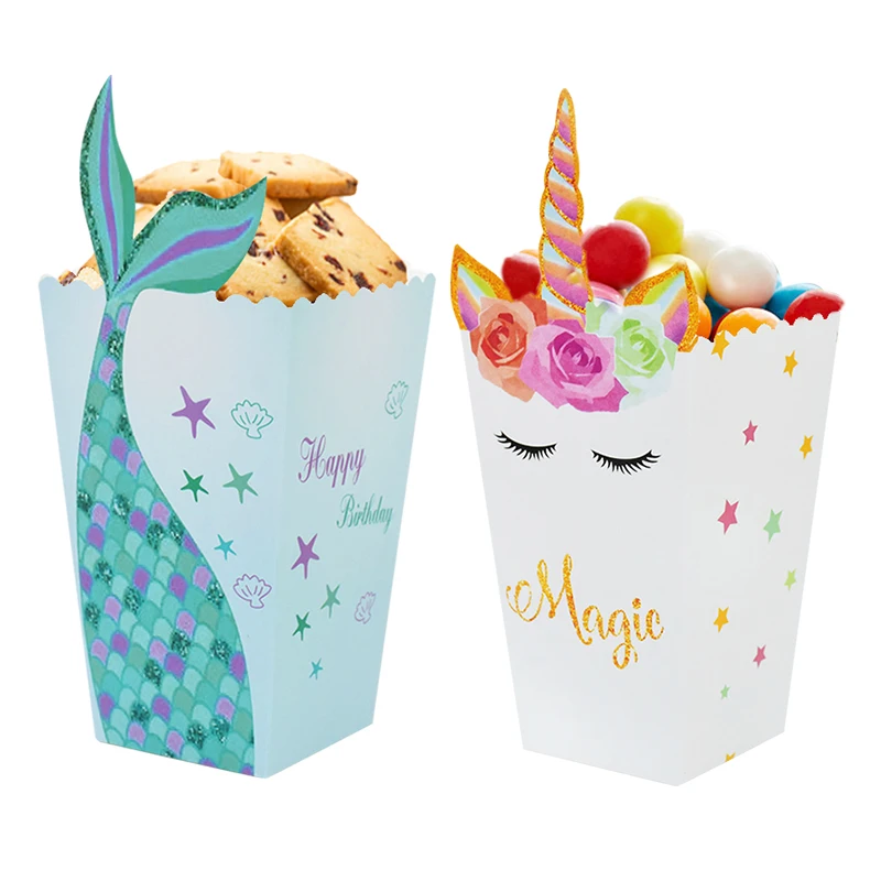 

10pcs Mermaid Tail Popcorn Box Unicorn Paper Paper Candy Boxes Little Mermaid Theme Birthday Party Decor Baby Shower Supplies