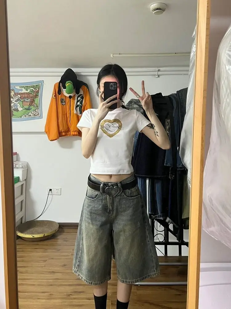 

HOUZHOU Y2k Vintage Baggy Jeans Shorts Woman's Oversized Korean Fashion Jorts Harajuku Japanese 2000s Style Denim Pants Summer
