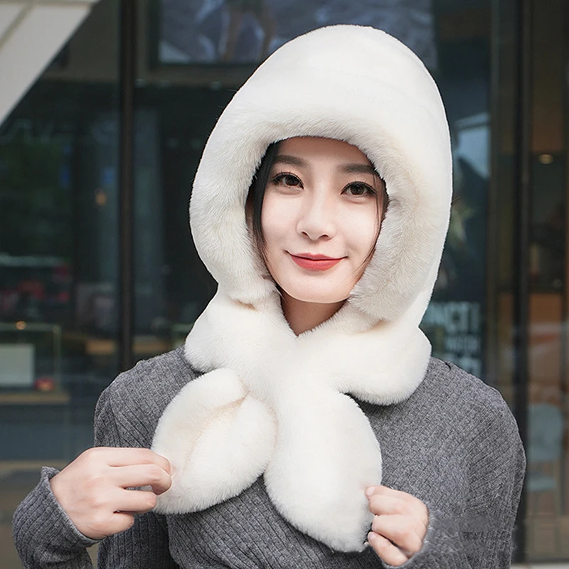 

Women Winter Hood Beanies Thick Plush Scarf Hat Set Outdoor Ski Windproof Warm Headgear Solid Fluffy Fur Female Earmuffs Cap