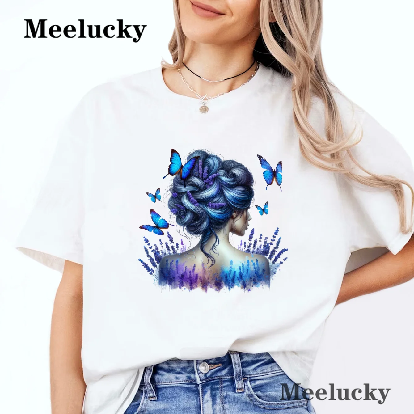 

Blue Flowers And Butterflies Floral Print Crew Neck T Shirt Casual Long Sleeve Top For Spring & Fall Women's Clothing