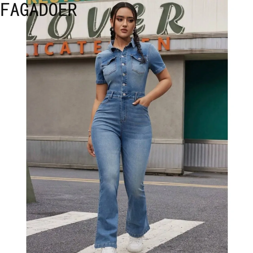 

FAGADOER Fashion Denim Pocket Bodycon Jumpsuits Women Turndown Collar Button Short Sleeve Slim Playsuits Female Elastic Overalls