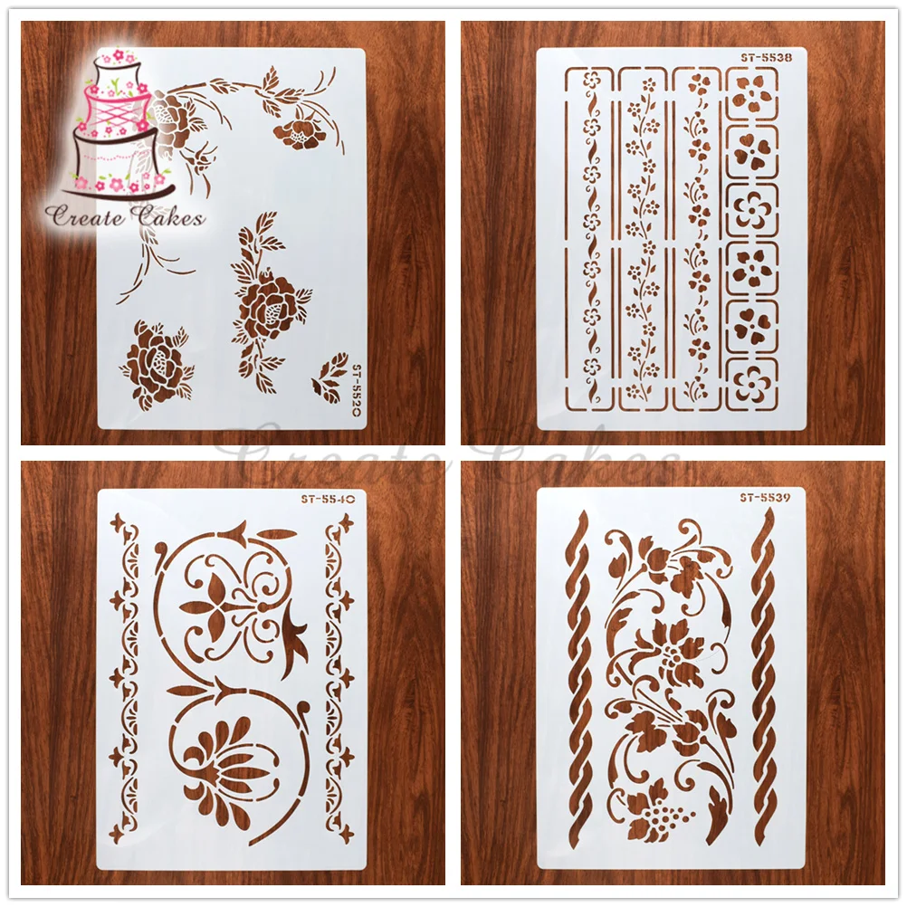 

4pcs/set 21*29cm Flower Stencil For Walls Painting Cake Decorating Fondant Tools Cupcake Baking Tool Wall Stencil