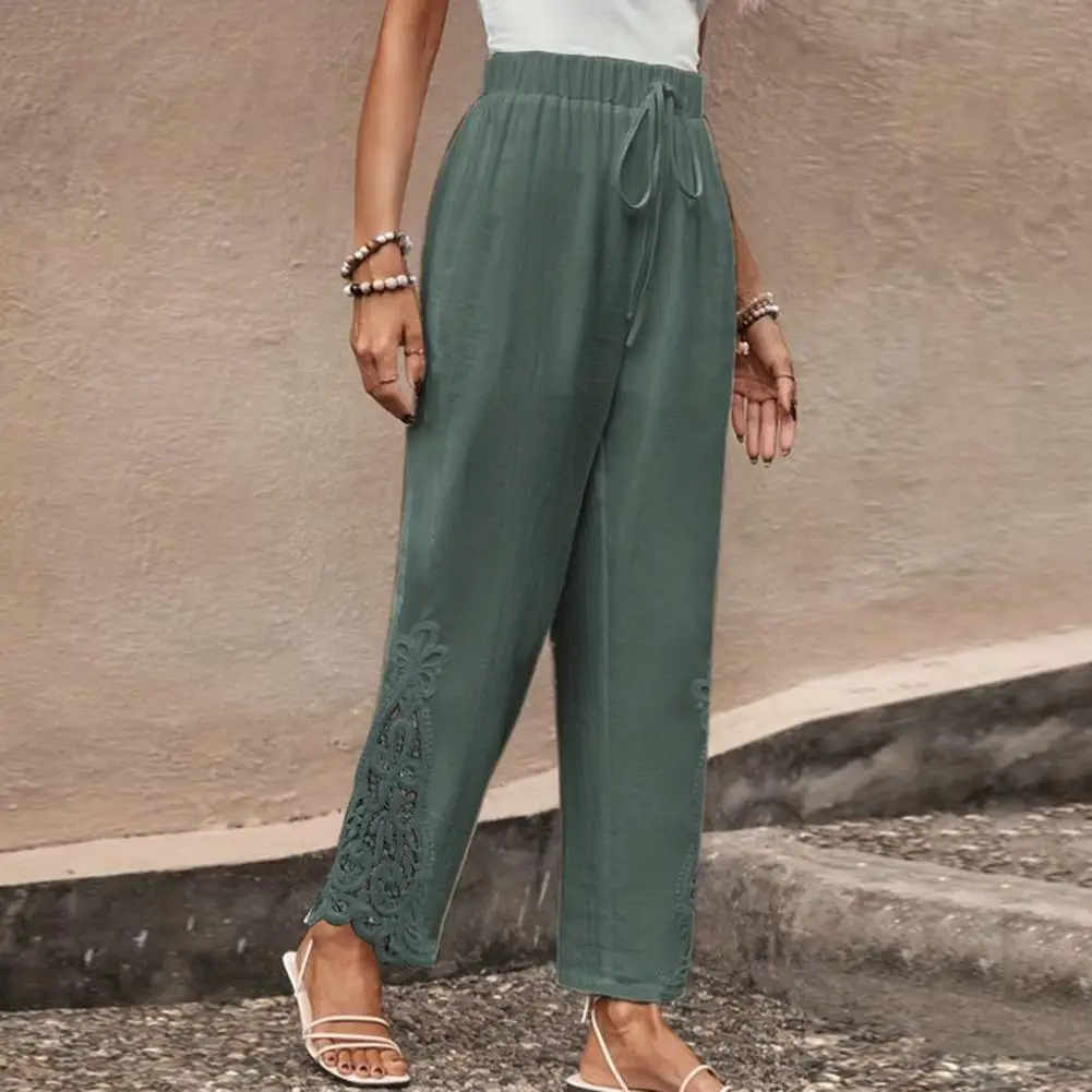 

Cutout Lace Panel Pants Elegant Women's Wide Leg Trousers with Embroidery Lace Detailing Elastic Waistband Stylish for Everyday