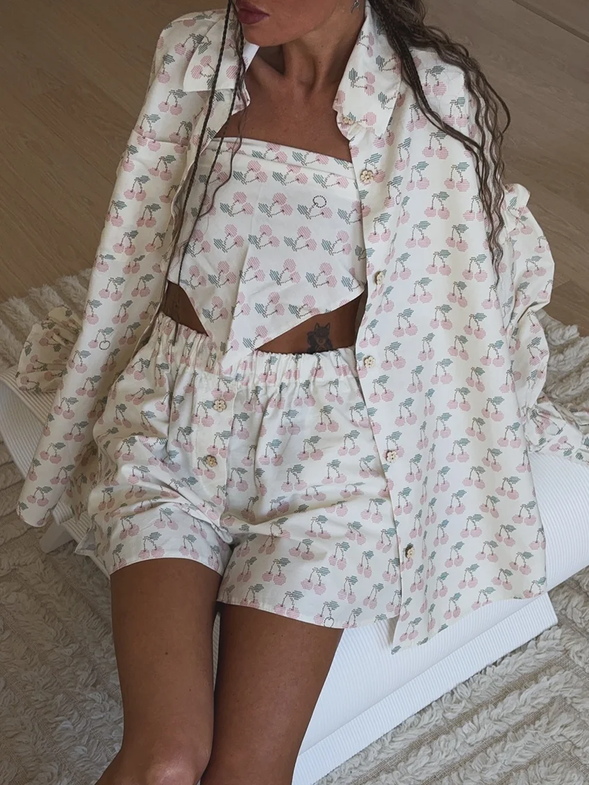 Marthaqiqi Printing Female Pajama Suit Long Sleeve Robe Turn-Down Collar Sleepwear Tank Top Nightwear Shorts Nightie 3 Piece Set 33 S160e3ba297ad4f3fab22f9879cb2511fD