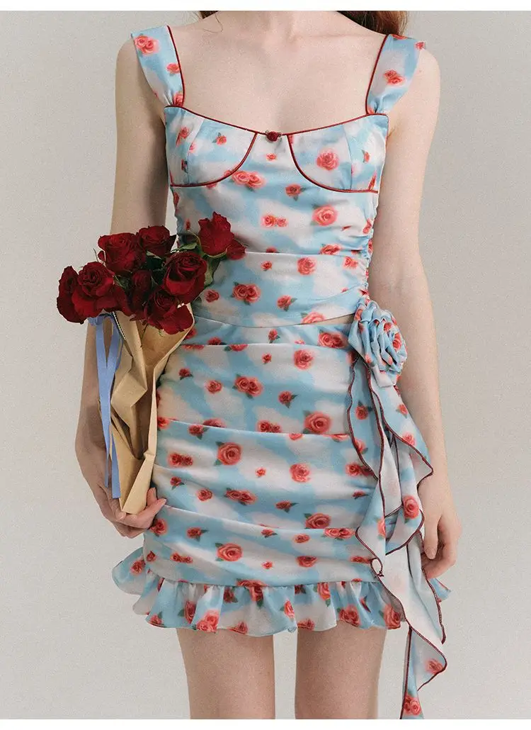 

Dress Summer Y2K Retro Floral Spaghetti Strap Bow Mini Fashion Aesthetic Club Party Sexy Dresses For Women A-Line Sundress