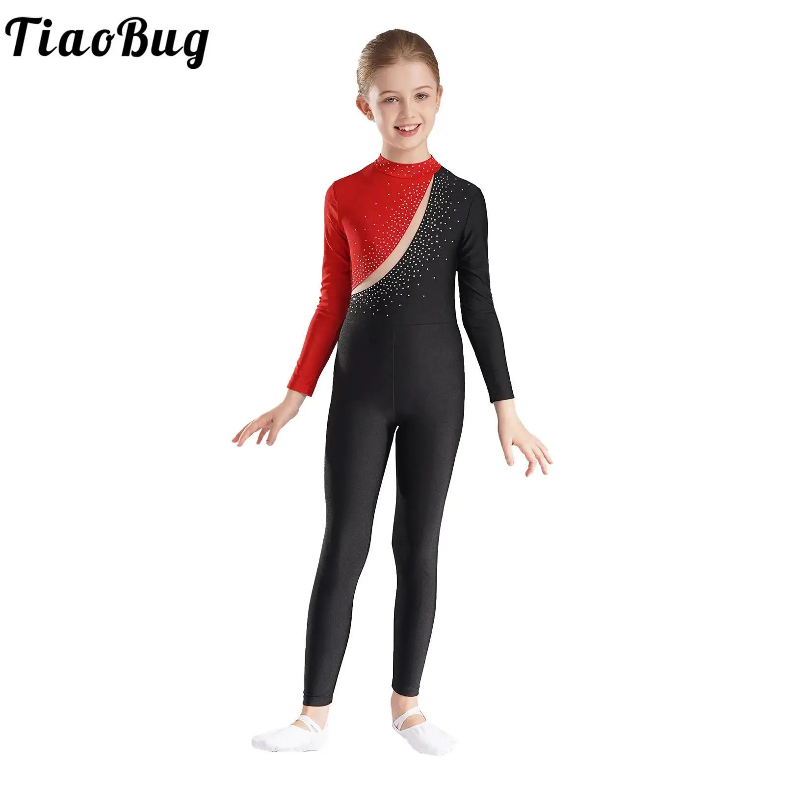 

TiaoBug Toddles Kids Girls Gymnastics Leotard Jumpsuit 6 to 16 Years Color Block Long Sleeve Figure Skating Competition Bodysuit