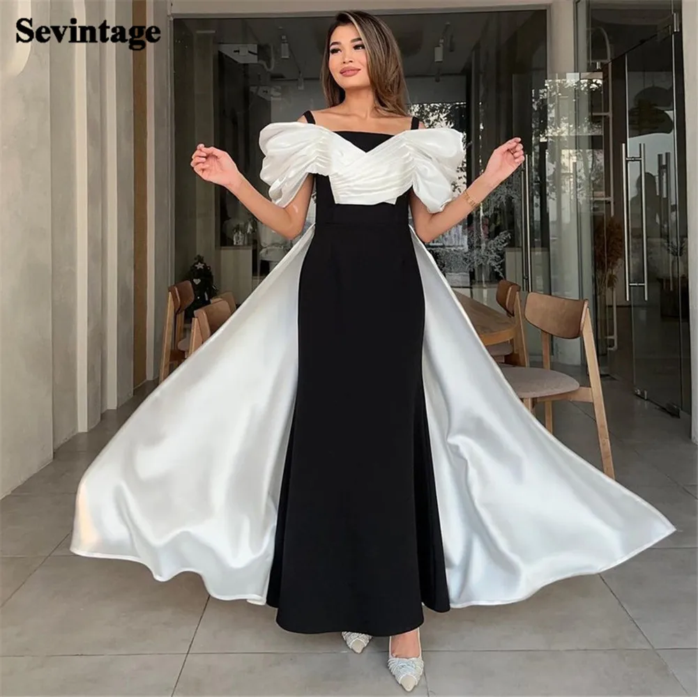 

Sevintage Black White Mermaid Satin Prom Dress Strapless Off The Shoulder Ankle Length Sheath Evening Dress vestido de gala 2024