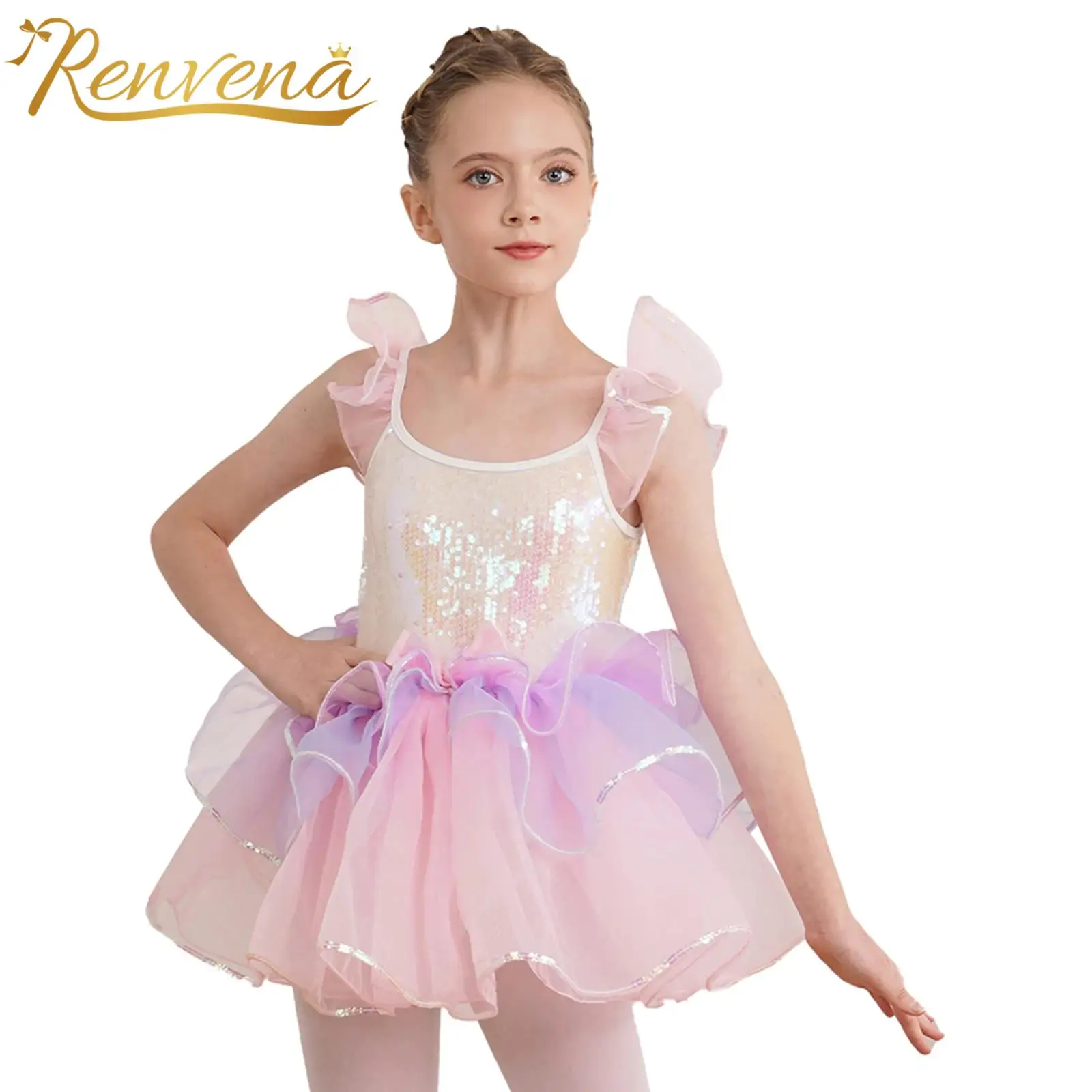 

Kids Girls Tutu Ballet Dress Ruffled Sleeve Bowknot Sequins Tiered Dresses Birthday Party Dance Performance Ballerina Costumes