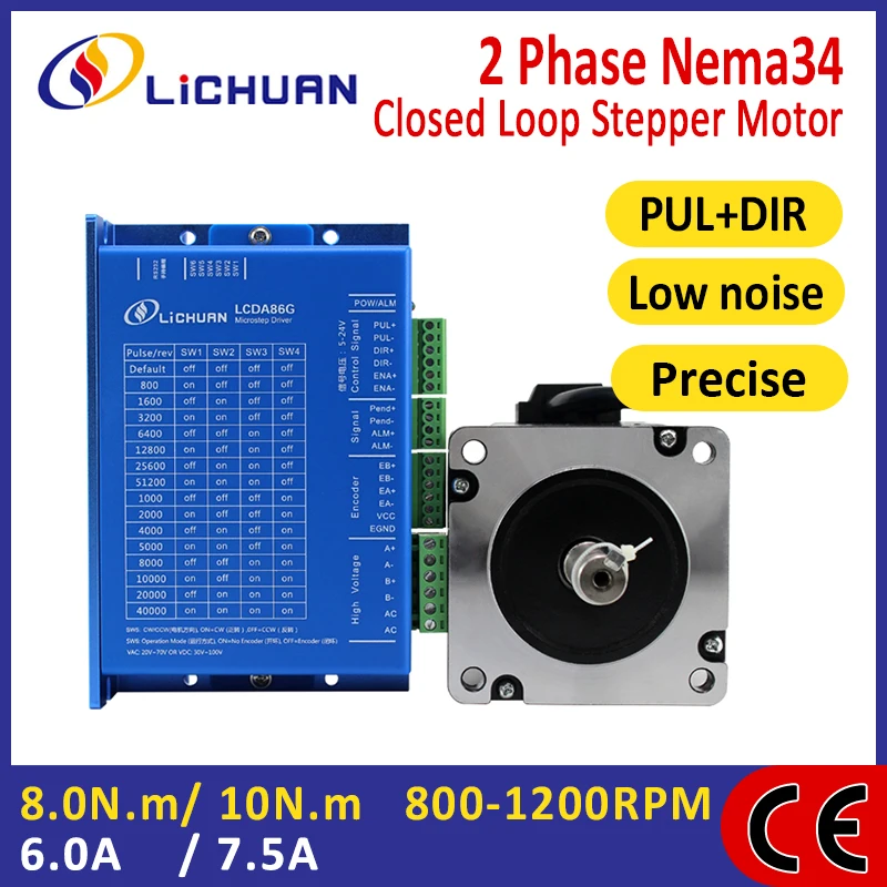 

Lichuan 2 Phase Nema34 8N.m/10N.m Closed Loop Stepper Motor Kit with Driver 6/7.5A DC/AC Closed Loop Stepper Motor Drivers Kit
