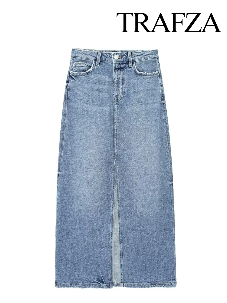 TRAFZA Fashion Woman Casual Vintage Skirts Female Front Slit Blue Denim Skirt High Waist Pockets Slim Zipper Fly Midi Skirts Y2k 
TRAFZA Fashion Woman Casual Vintage Skirts Female Front Slit Blue Denim Skirt High Waist Pockets Slim Zipper Fly Midi Skirts Y2k
