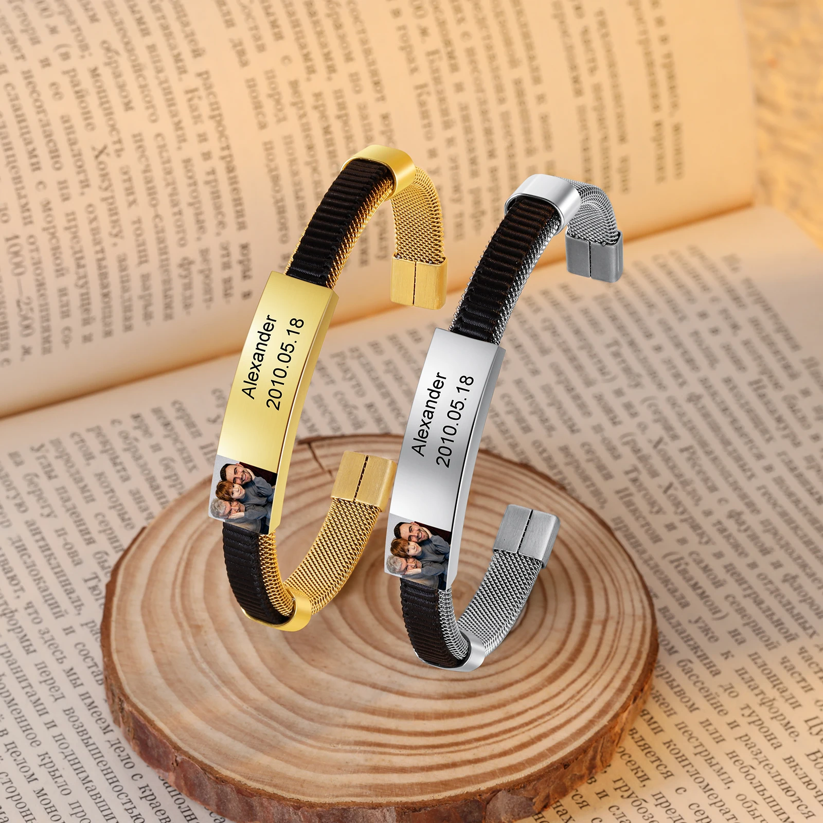 

Personalized Men's Color Photo Bracelet Stainless Steel Cuff Custom Wristband Fathers Day Gifts for Dad Papa Husband Grandpa