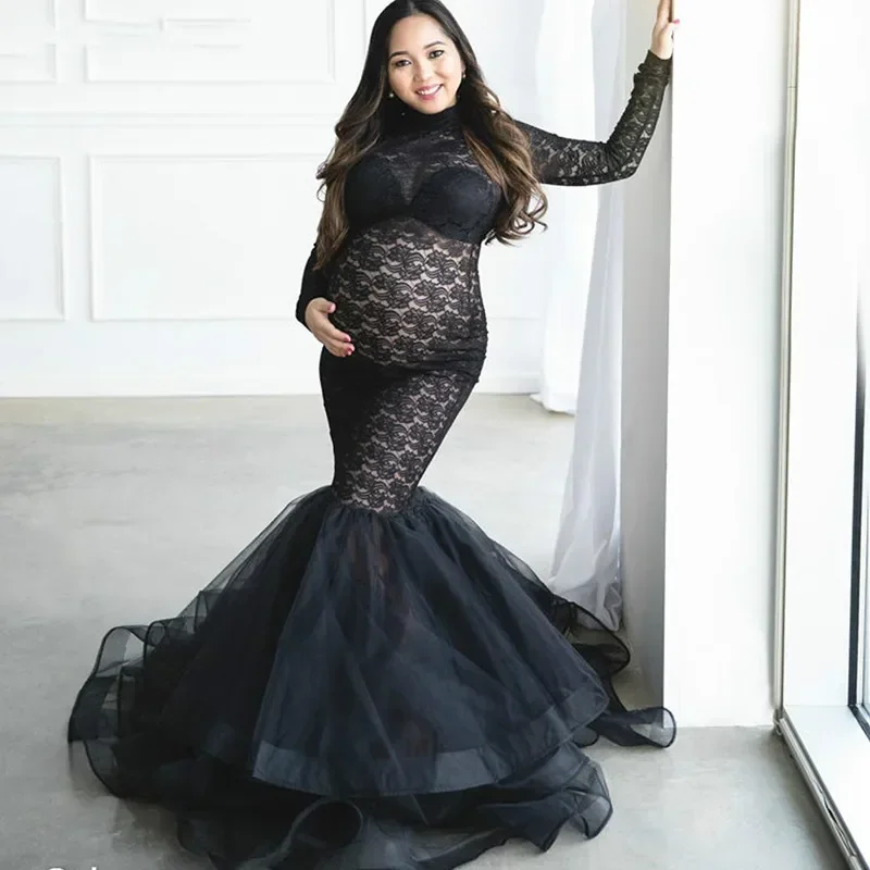 

Splicing Maternity Dress for Photo Shoot Pregnant Women Long Sleeve Black Lace Turtleneck Photography Dresses Pregnancy Dress