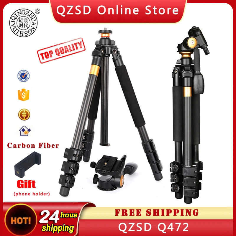 

QZSD Q472 Carbon Fiber Camera Tripod 1580mm 8KG Load Digital Monopod with Head Gimbal Head Photographic Video Tripod for DSLR