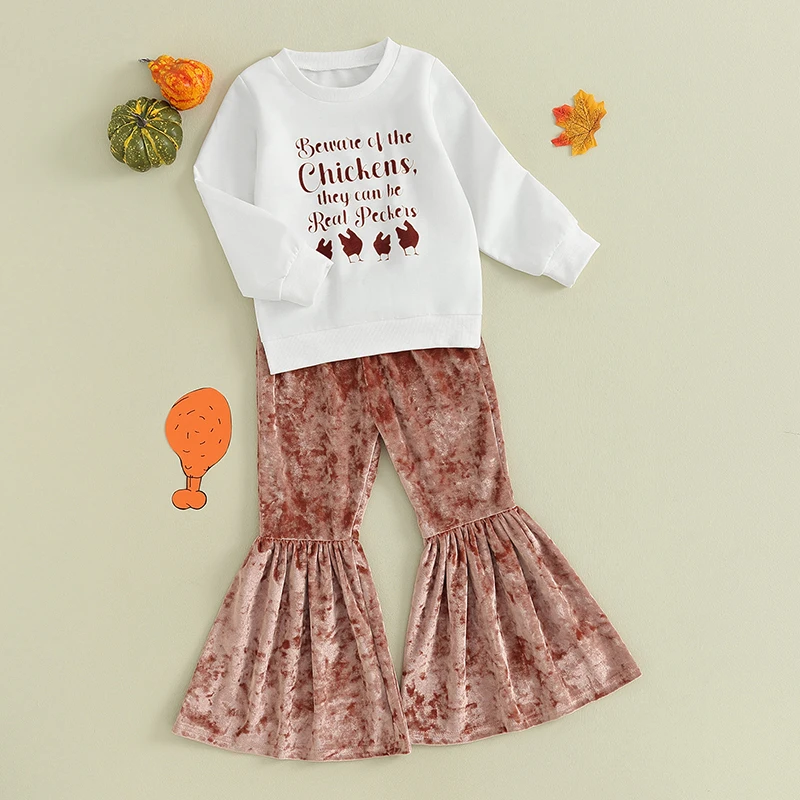 

Осенняя одежда для маленьких девочек, свитшот с длинным рукавом и круглым вырезом с буквенным принтом, бархатные однотонные расклешенные брюки, наряд