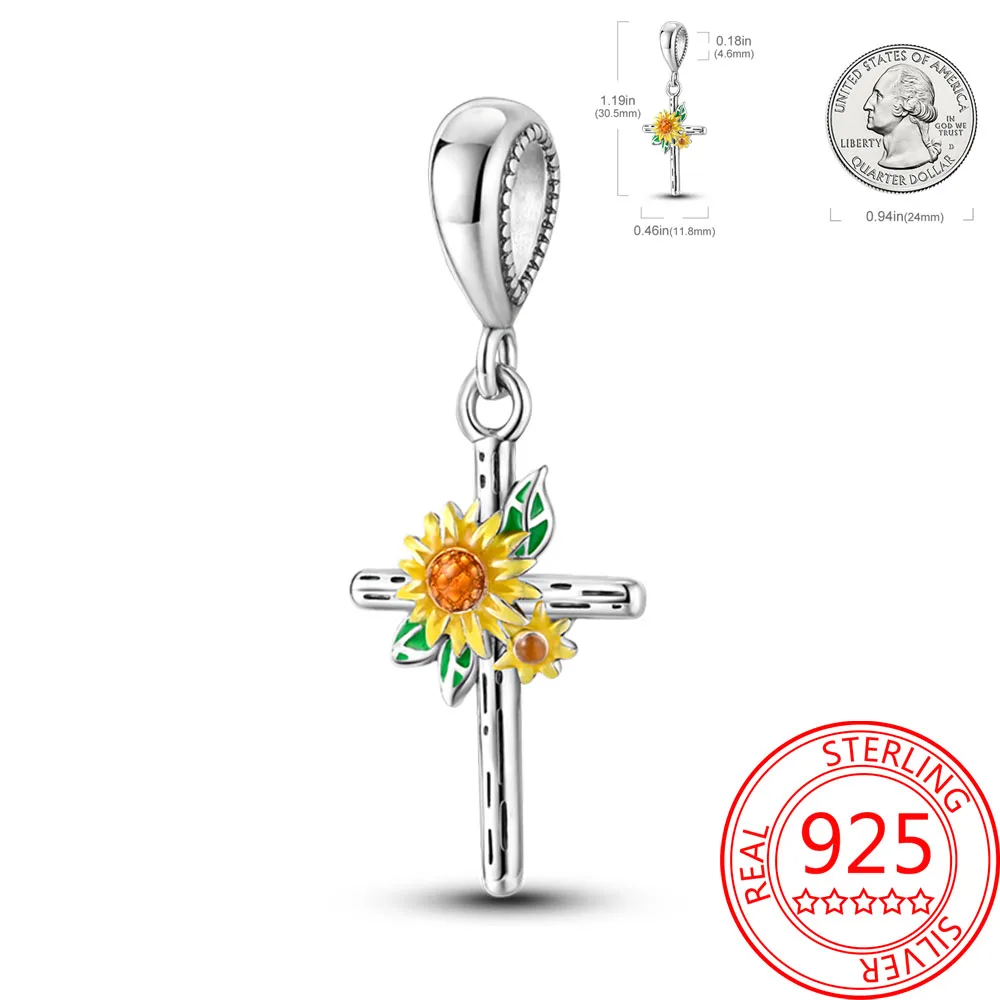 

Original Decorations 925 Sterling Silver Sunflower Cross Yellow Flower Pendant Fit Pandora Bracelet Boutique Dating Accessories