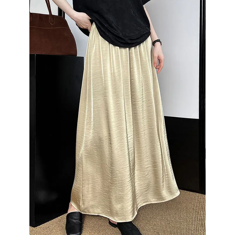 

Satin Long Swing Skirt 2024 Summer New Drape A-line to Ankle Long Cream Skirt