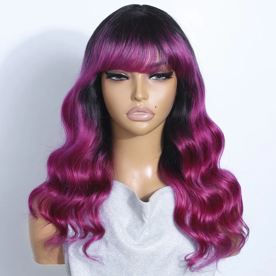 

Rebecca Queen Pink Purple Color Body Wave Human Wig With Bangs Non Lace Wear to Go Wig Brown Colored Cheap Hair Wigs With Bangs