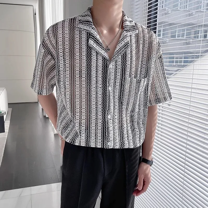 

Black White Striped Men Baggy Shirt Summer Short Sleeve Retro Hawaiian Shirts Man Business Single Pocket Button Up Chemise Homme