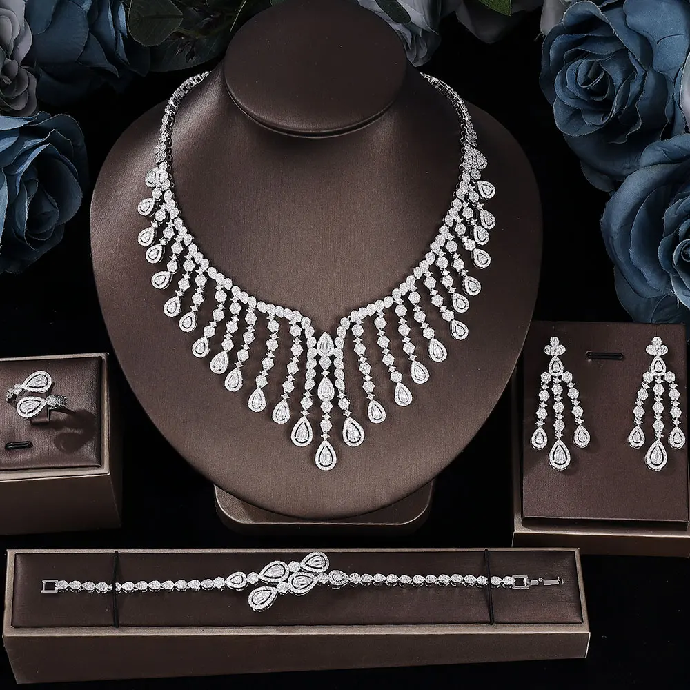 

Nigeria 4pcs Bridal Zirconia Jewelry Sets For Women Party, Luxury Dubai Nigeria platinum plating CZ Crystal Wedding Jewelry Sets