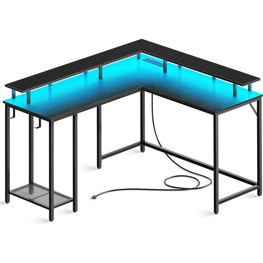 

L Shaped Gaming Desk With Power Outlets & LED Lights Home Office Desk Corner Desk With Hooks Black Reading Computer Furniture