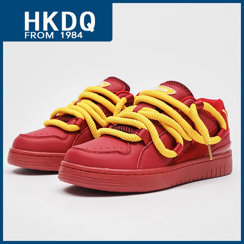 

HKDQ Fashion Red Lace-up Men Skateboarding Shoes Leather Platform Men's Casual Sports Shoes Non-slip Skateboard Sneakers For Man