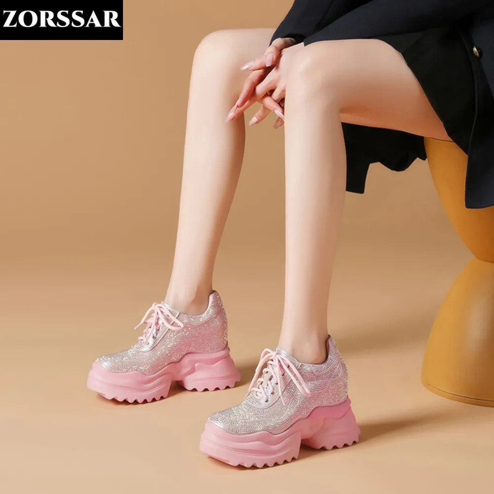 

New Spring Autumn White Hidden Wedge Casual Sports Shoes Woman 10CM Platform Shoes Elevator High-heels Walking Sneakers Women