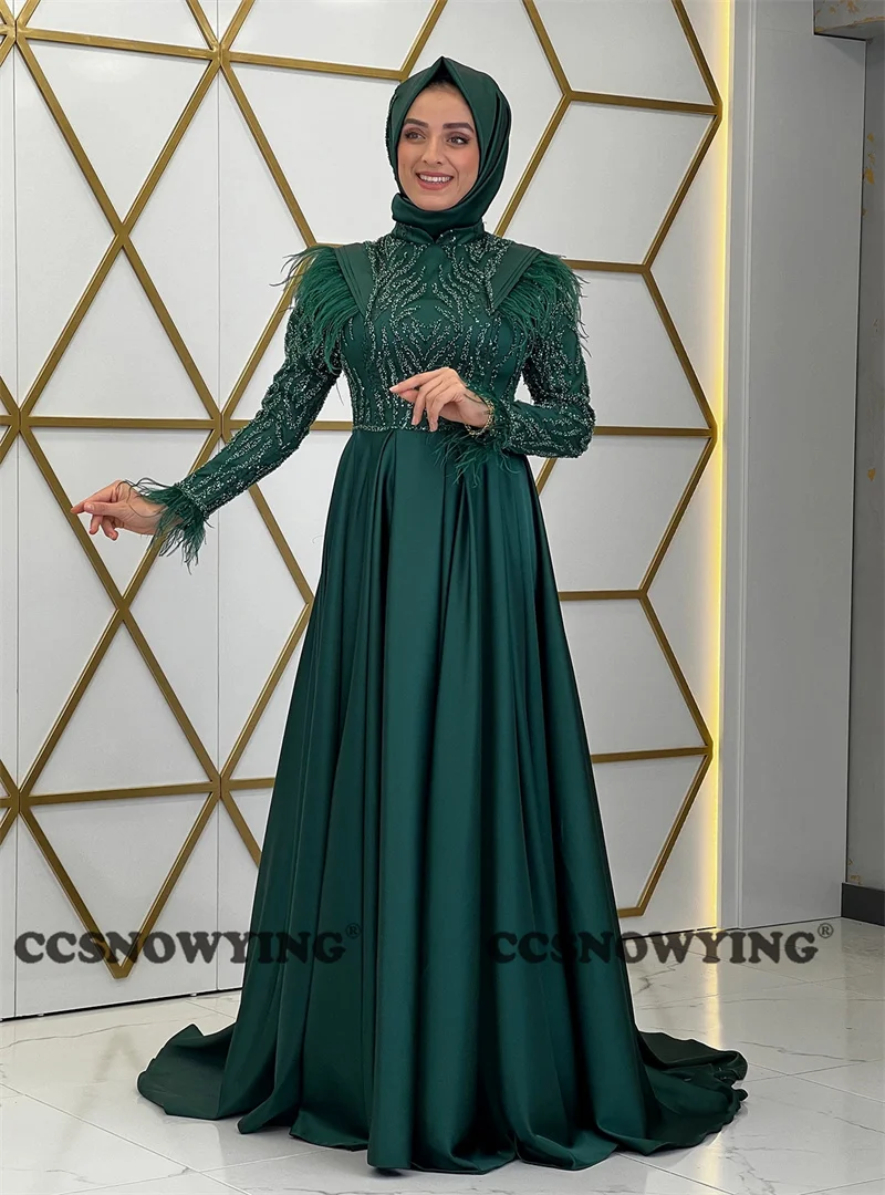 Satin Beaded Feather Long Sleeve Muslim Islamic Evening Dresses A-Line Formal Party Gown Women Arabic Kaftan Robe De Soiree
Satin Beaded Feather Long Sleeve Muslim Islamic Evening Dresses A-Line Formal Party Gown Women Arabic Kaftan Robe De Soiree