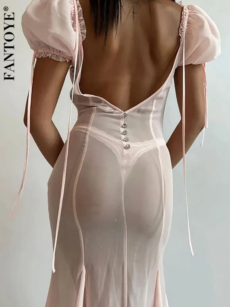 Fantoye Chiffon Sexy Backless Diamonds Button Women Dress Pink Short Sleeve See Through Dress Female Slim Elegant Party Clubwear
Fantoye Chiffon Sexy Backless Diamonds Button Women Dress Pink Short Sleeve See Through Dress Female Slim Elegant Party Clubwear