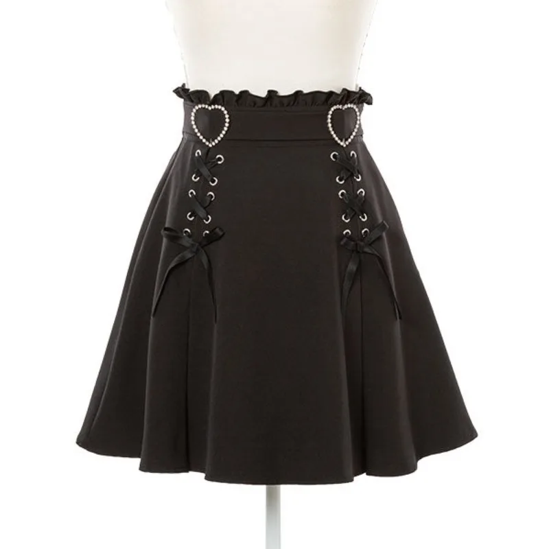 

DEEPTOWN Japanese Harajuku Lolita Skirt Women Gothic High Waist Slim Solid Bandage Jk Mini Skirt