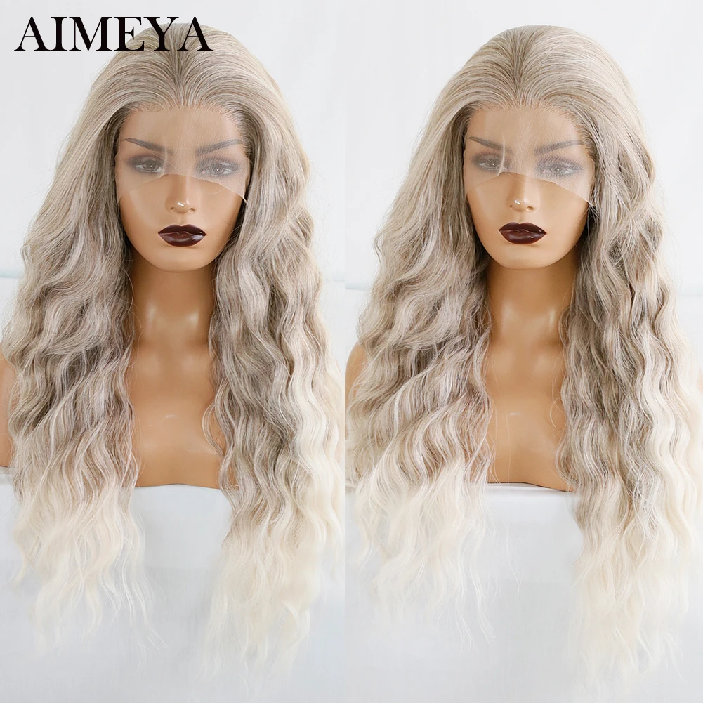 

AIMEYA Ombre 60 Blonde Wig Synthetic Lace Front Wigs for Women Synthetic Deep Wave Wig with Baby Hair Natural Hairline 26inch