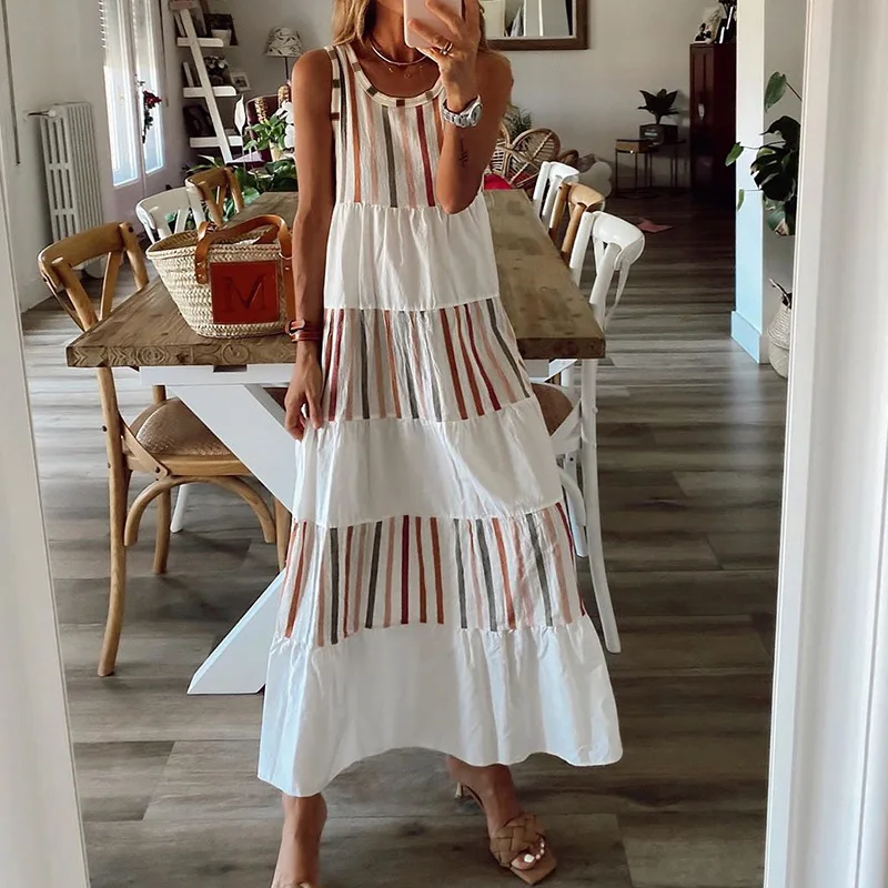 

Wepbel Women's Patchwork Stripes Long Dress Sleeveless O-neck Loose Mid-Length Casual Dress Straight Summer Big Swing Dress