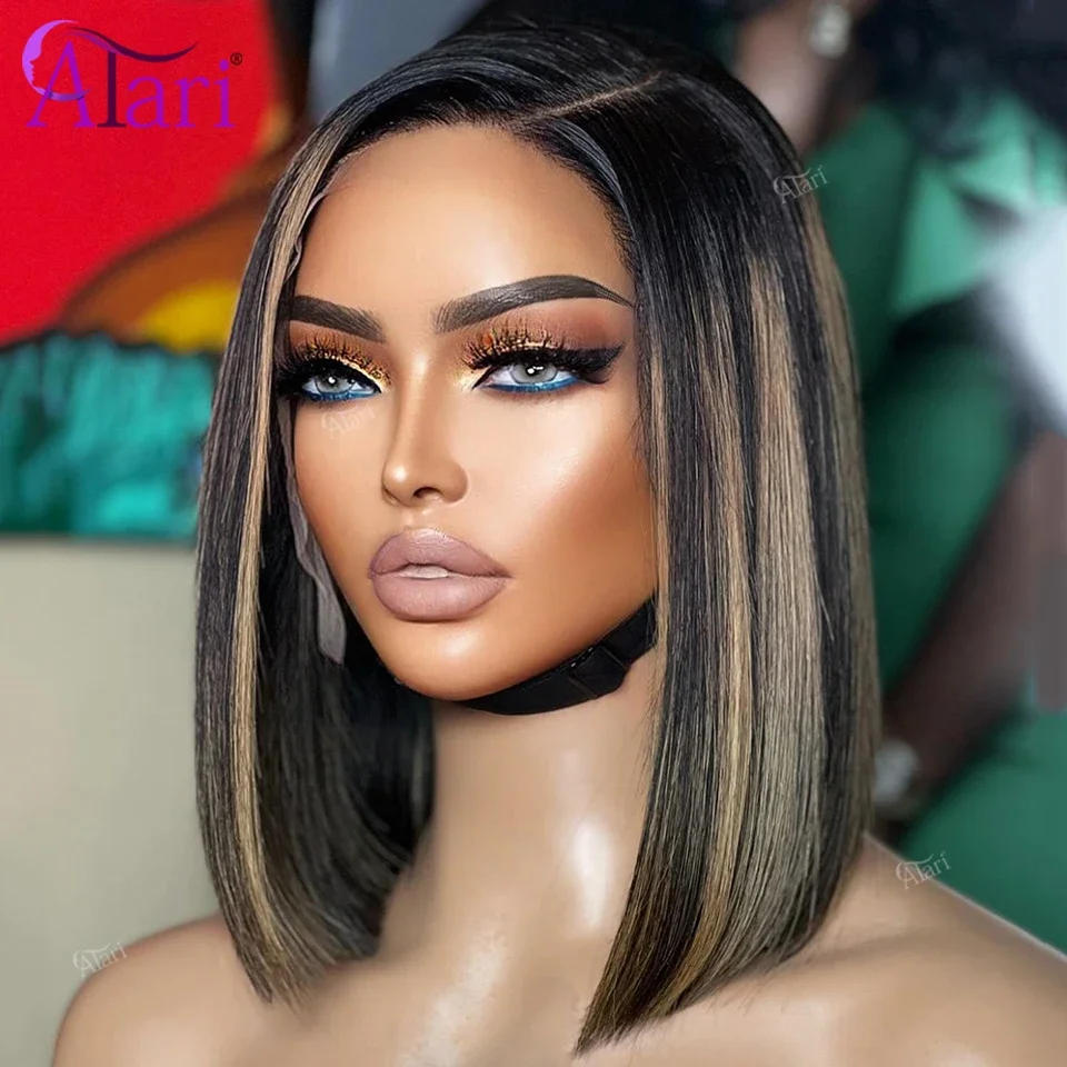 

13x4 Short Straight Bob wig Highlights Blonde 27 with Black Lace Frontal Human Hair Bob Wigs Pre Plucked 180 Density