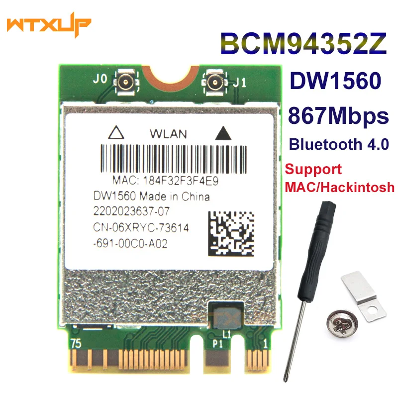 

Беспроводная Wi-Fi карта DW1560 BCM94352Z 06XRYC 802.11ac 867 Мбит/с BCM94352 BT4.0, сетевая карта NGFF M2 Bluetooth 4,0 для MAC OS