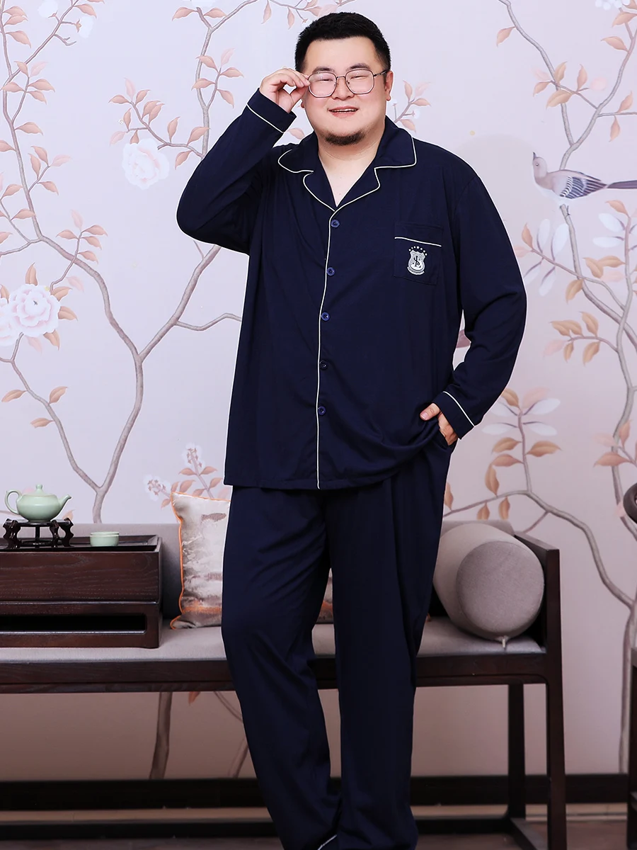 

Pure cotton men's pajamas with extra fat size, spring and autumn long sleeves, 200 pounds, fat man, 300 pounds, fat man, loose f