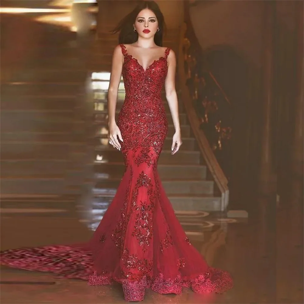 

Sexy Deep V-Neck Fashion Evening Dresses 2024 New Lace Appliques Mermaid Prom Dress Spaghetti Straps Party Dress Robes de soirée