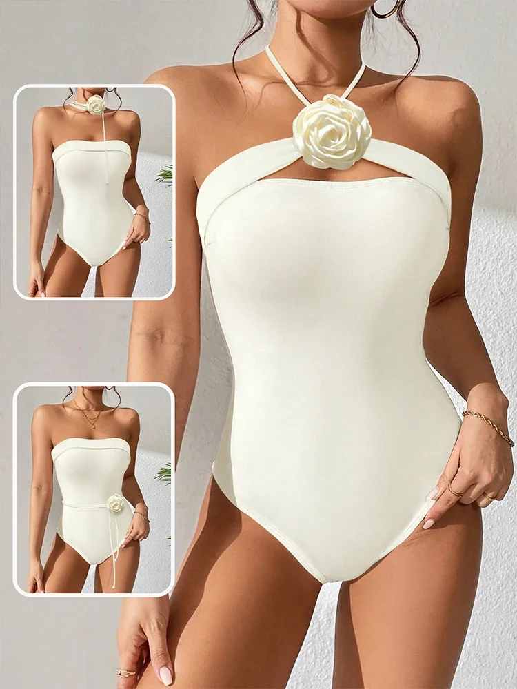 

White Bride Swimwear Korea Style One Piece Swimsuit Woman 2024 Luxury Elegant Swimwear Bandeau Bodysuit Girls Beachwear