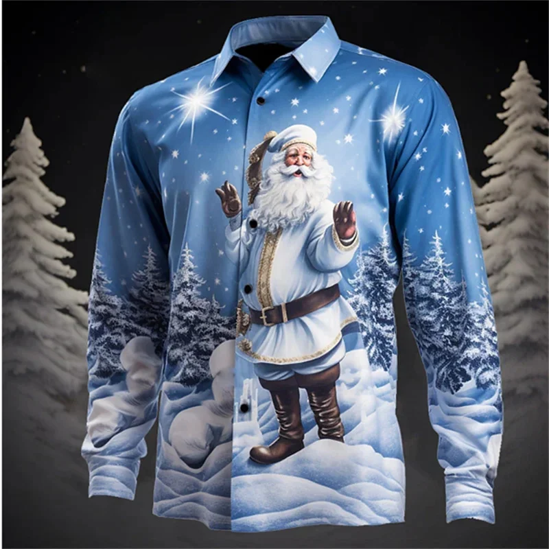 

2024 New Year's Gift Santa Claus Casual Men's Shirt Autumn and Winter Long Sleeve Light Blue XS-6XL Stretch Fabric Shirt