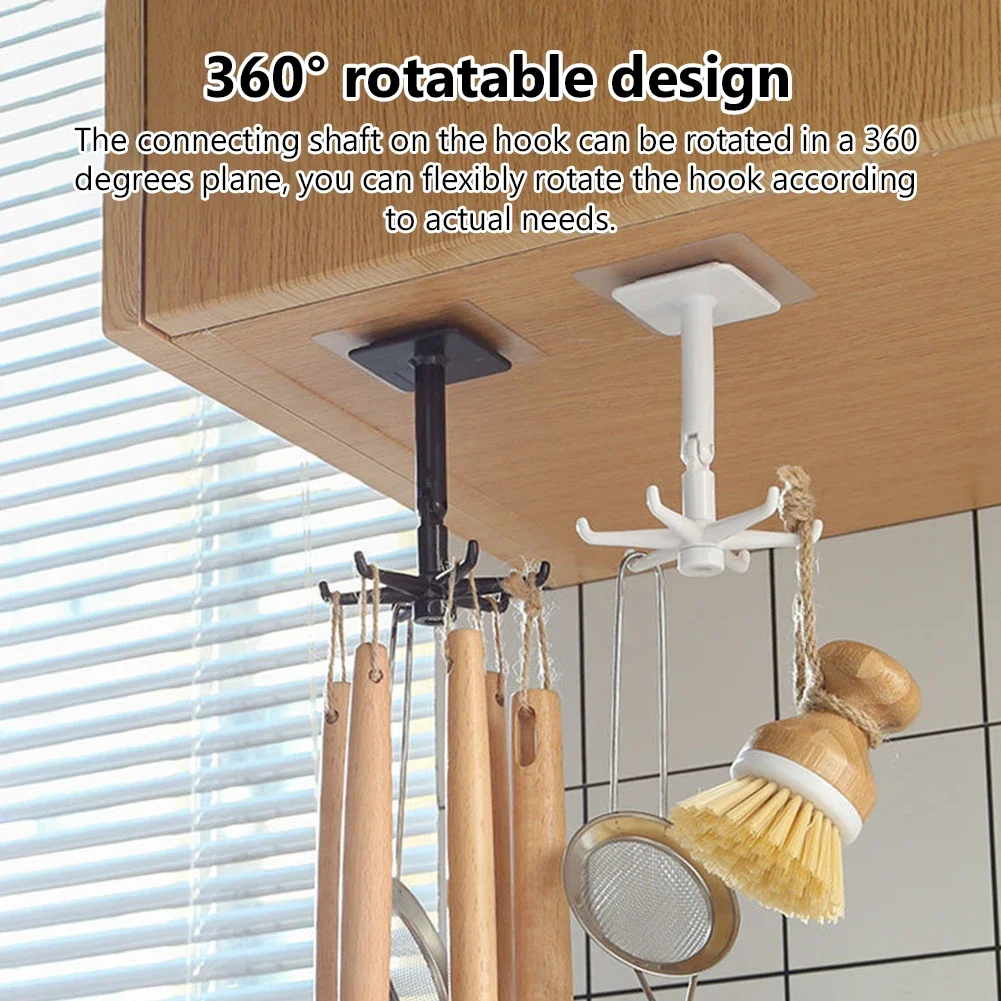 

360° Rotating Portable Punch-free Hook Under Shelf Holder Kitchen Utensil Organiser Wall Hanging Rack Hanger Cabinet Bathroom W