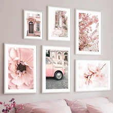 

Pink Paris Tower Car Peach Blossom Quotes Wall Art Canvas Painting Nordic Posters And Prints Wall Pictures For Living Room Decor