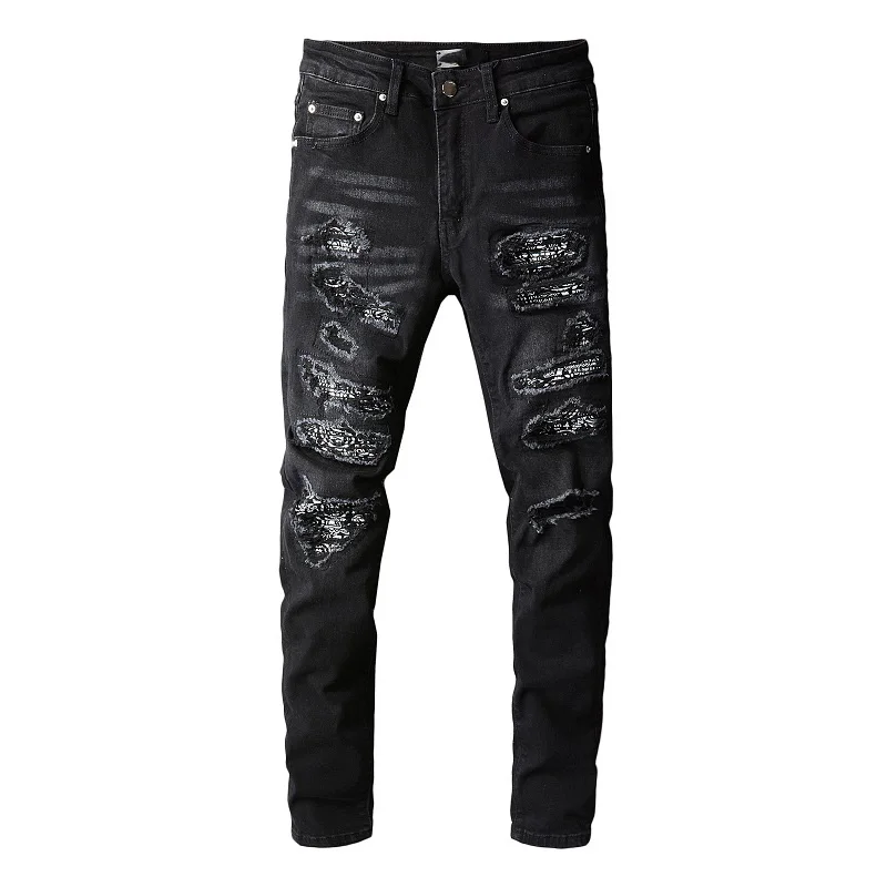 

Men's Black Distressed Holes Paisley Bandanna Patchwork Skinny Stretch Ripped Jeans Men