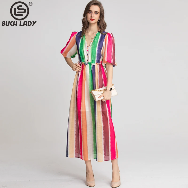 Women's Runway Dress V Neck Short Sleeves Rainbows Printed Striped Fashion Casual Designer Vestidos
Women's Runway Dress V Neck Short Sleeves Rainbows Printed Striped Fashion Casual Designer Vestidos