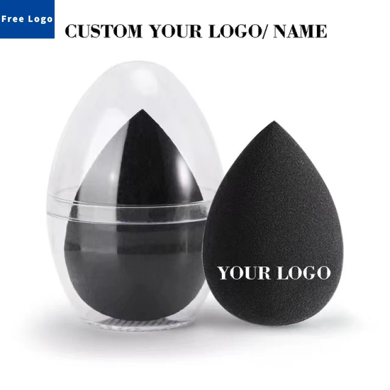 

50pcs Free LOGO Black Sponge with Case Wholesale Latex-free Cosmetic Customize Logo Puff Beauty Make Up Face Care Print Label