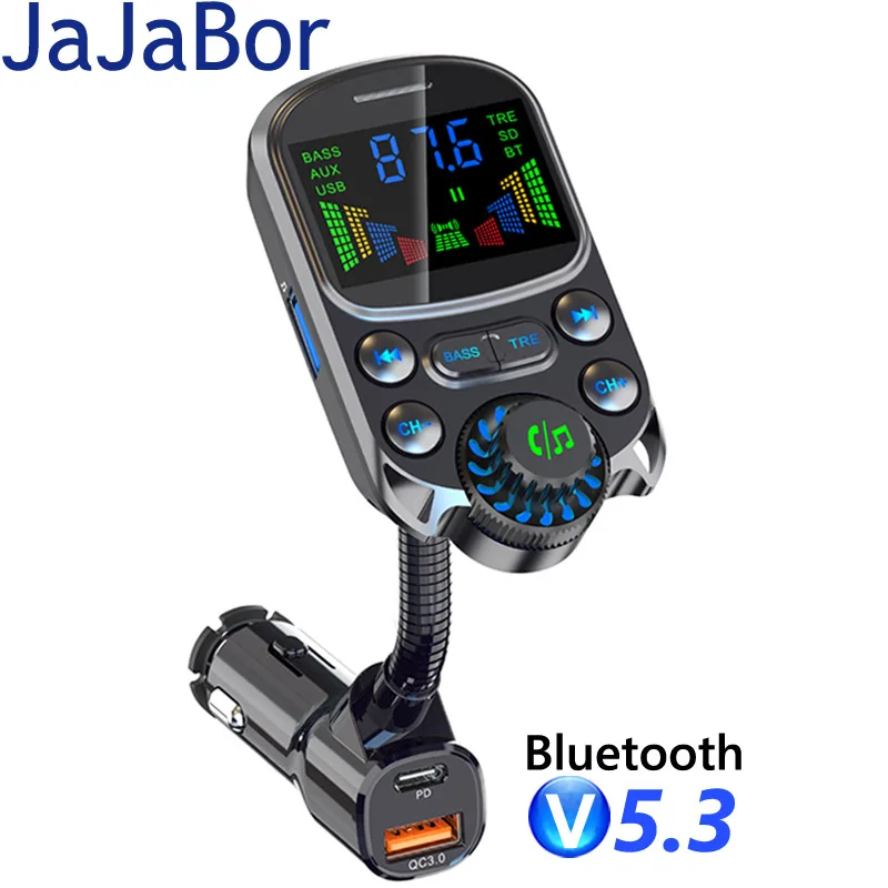 

JaJaBor Car FM Transmitter Bluetooth 5.3 Handsfree Car Kit Bass 3.5mm AUX Audio Receiver QC3.0 PD 30W Fast Charging Mp3 Player