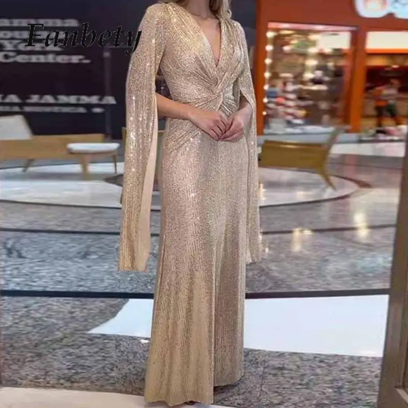 2023 Fall Elegant Women Cloak Sleeve Banquet Dress Fashion Design Twist V-Neck Sequins Party Dress Sexy Slim Maxi Dress Vestidos
2023 Fall Elegant Women Cloak Sleeve Banquet Dress Fashion Design Twist V-Neck Sequins Party Dress Sexy Slim Maxi Dress Vestidos