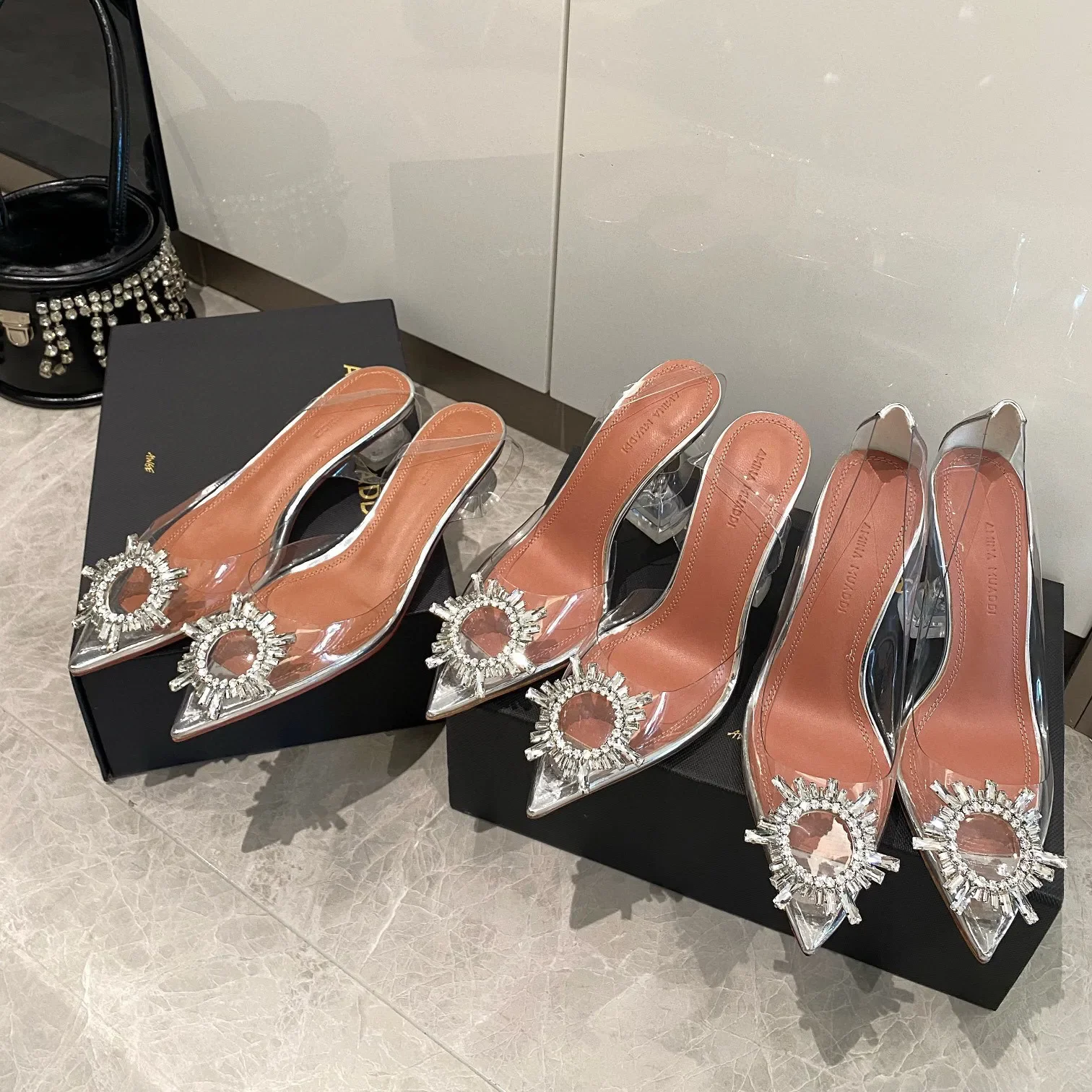 

Ladies Amina Muaddi Begum Pointed Toe Slingback Rosie Glass slingback pumps plexiglass pvc jewelled metal bow hourglass heels