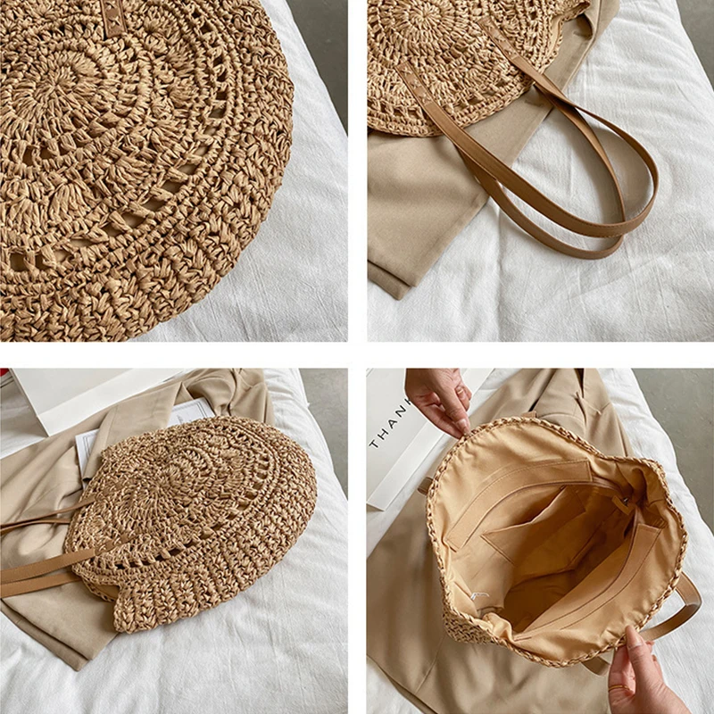 Round Woven Straw Beach Bag - Travel Tote 26 S163d84f08ff64f73ad91a04325e043adA