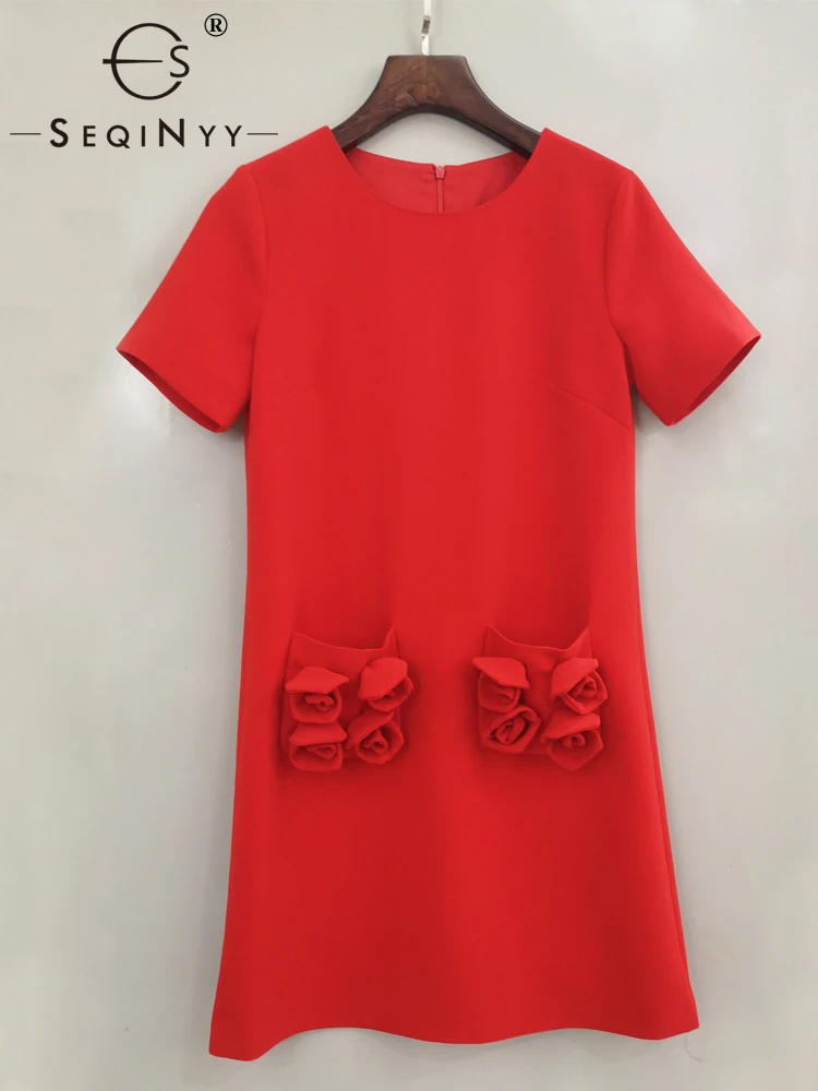 

SEQINYY Elegant Mini Dress for Women Runway Short Sleeve Pockets Appliques Flower Office Lady Summer Spring New Fashion Design